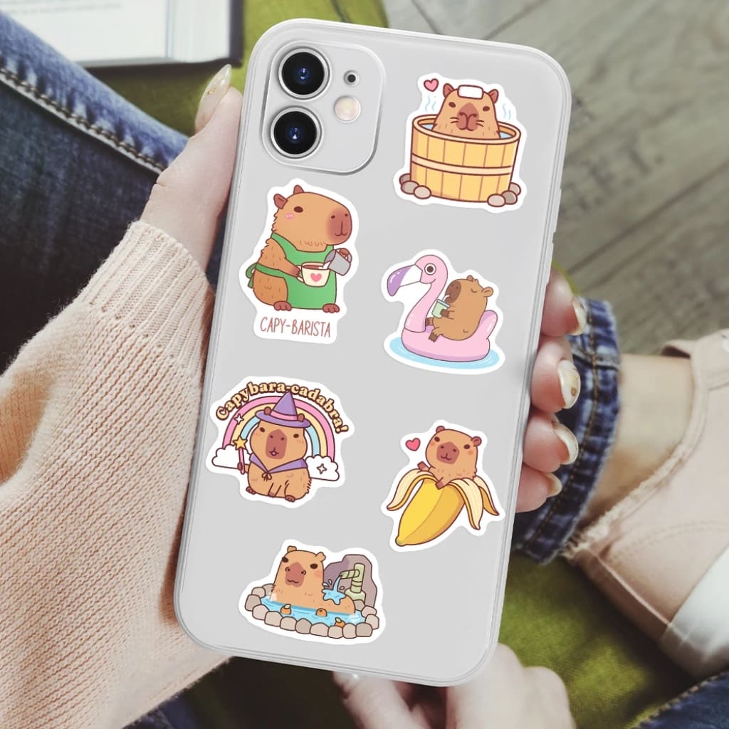 50-pack of cartoon-style capybara stickers in pastel kawaii design, made for creative decorating fun.