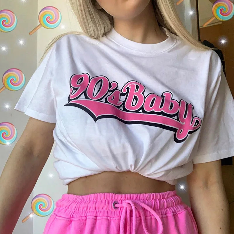 90s Baby Throwback oversized tee with kawaii character art, polyester fabric, O-neck, perfect for DDLG and casual summer wear