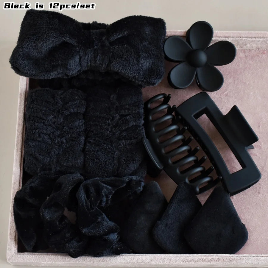 Cutie Everyday Essentials Self Care Set in Black, pastel hair clips, scrunchies, and mini cushions for kawaii baddie vibes