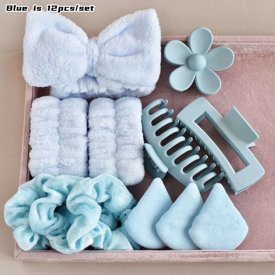 Cutie Everyday Essentials Self Care Set in Blue, pastel scrunchies, clips, headbands & mini cushions