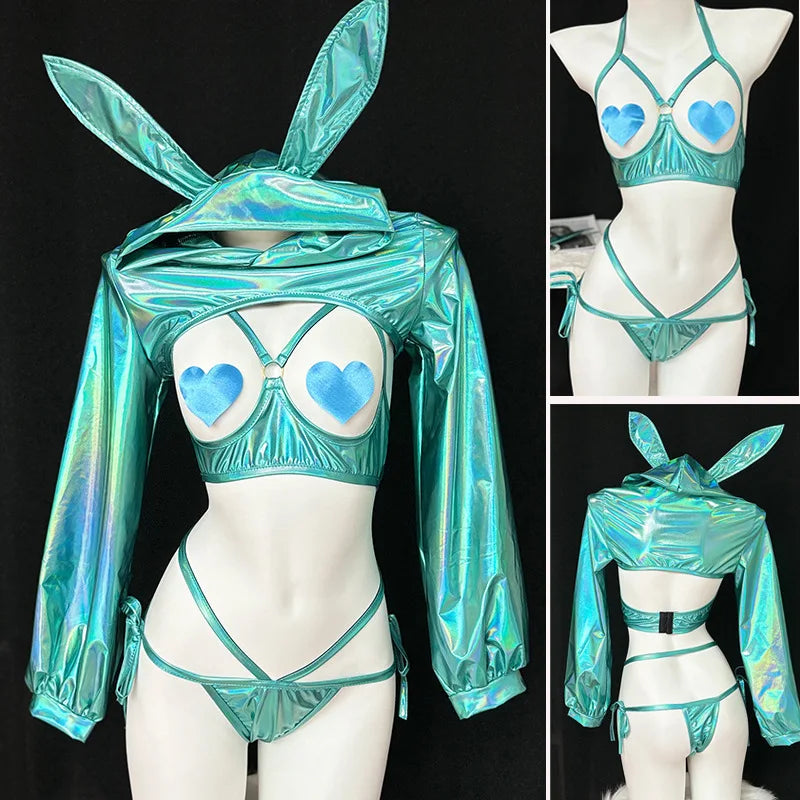 Holographic Teal Bunny Set