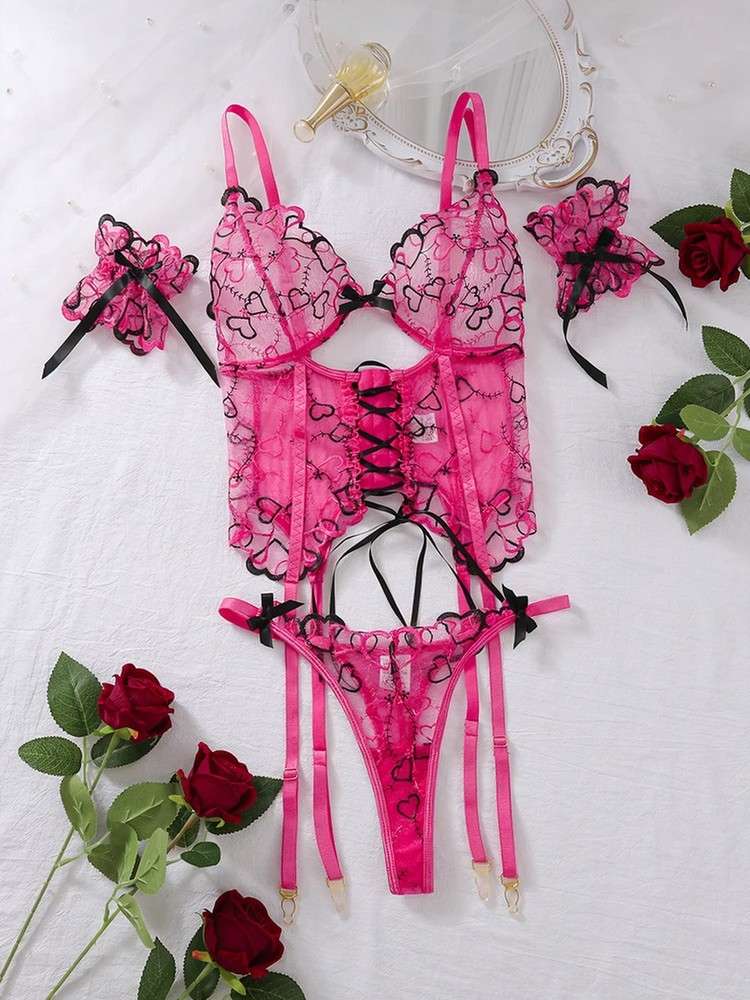 Lace and mesh Bad Romance lingerie set with heart details, perfect for ddlg abdl aesthetic