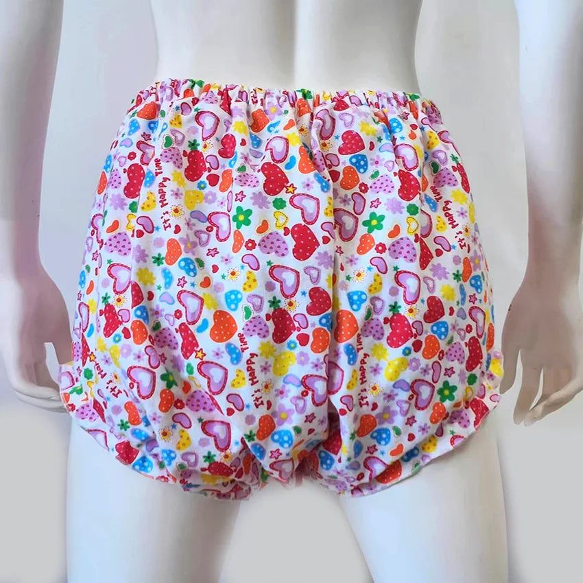ABDL diaper cover shorts with cute heart pattern and PVC lining, kawaii ddlg pastelcore style