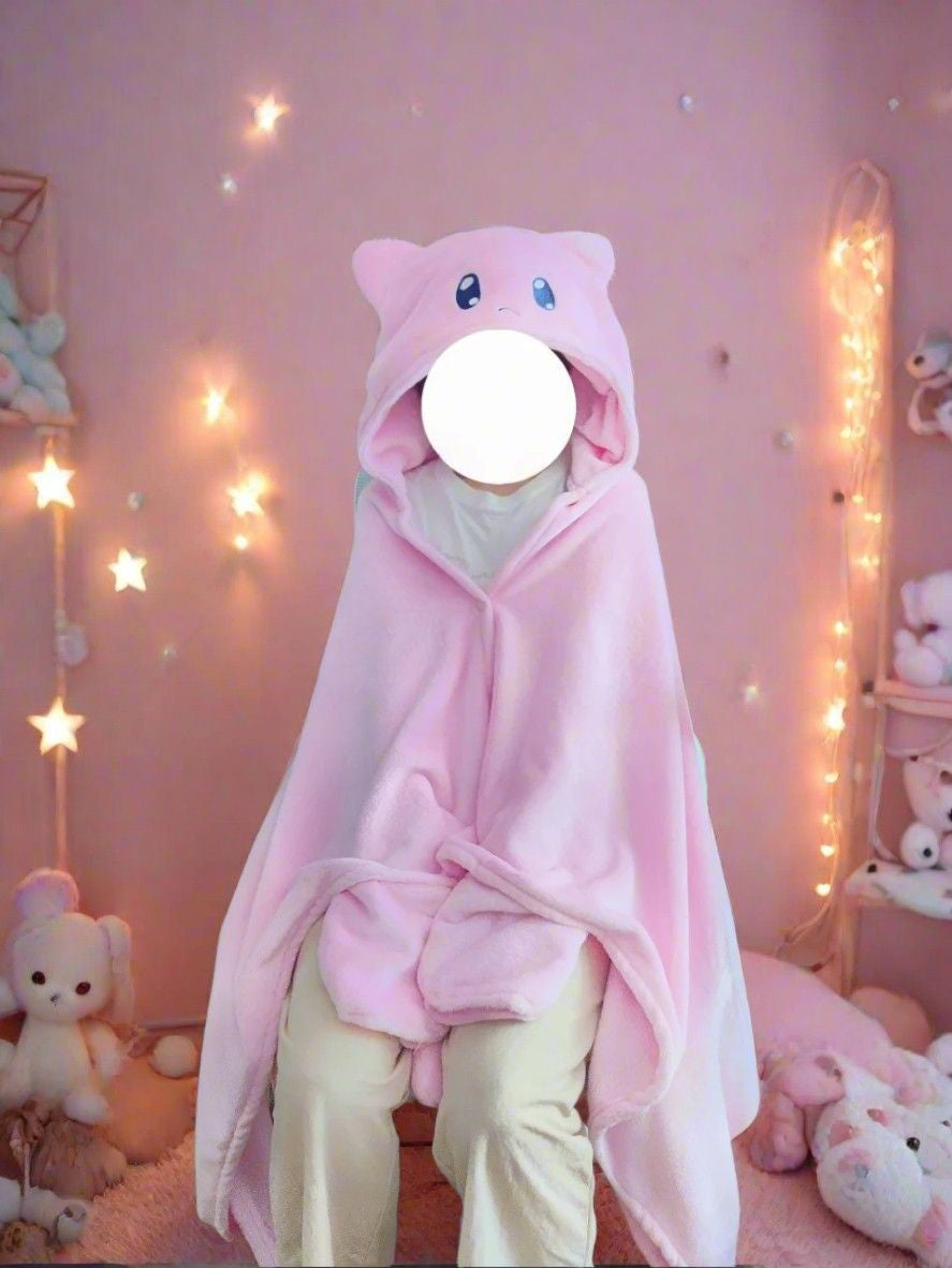 pink kitty blanket with ears and eyes designed for ABDL, DDLG, cutecore, and cozy little-space lounging