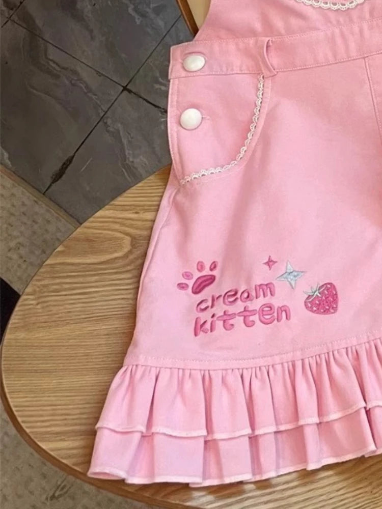 ABDL Y2K-inspired kawaii pastel full set with bubblegum pink suspender skirt and girly top, perfect for cosplay and daily wear