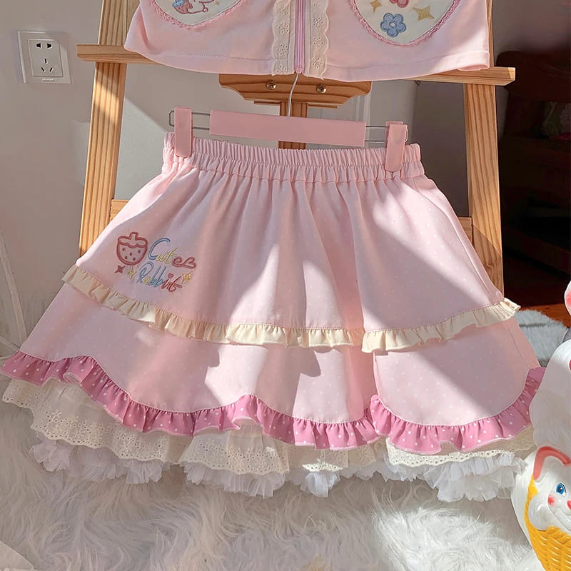 Matching skirt with gentle ruffles and cute rabbit embroidery for coordinated outfit