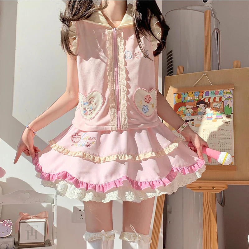 Sleeveless vest with bunny-face hood and floppy ears in pastel tones for kawaii style