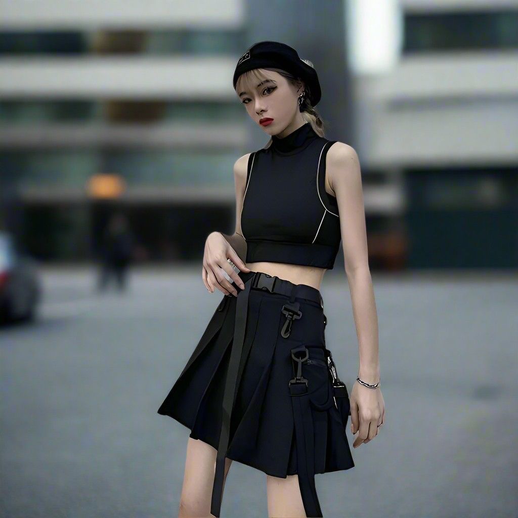 Alt Blacklist Buckle Skirt, streetwear-ready punk mini skirt with buckle hooks and practical pocket