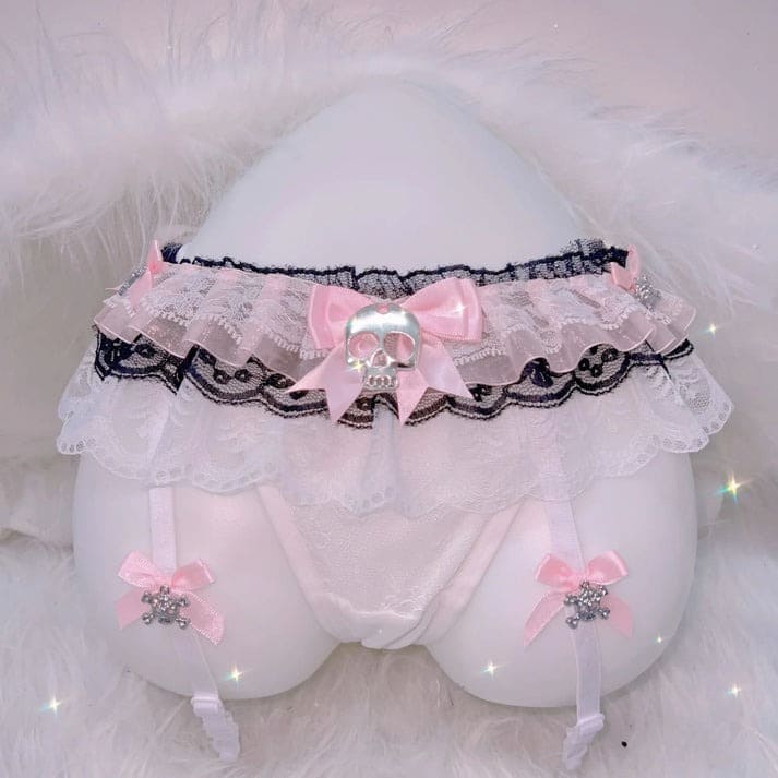 Cute black skull lace thong set with babydoll vibes, ideal for soft goth, DDLG, or alt fashion lovers