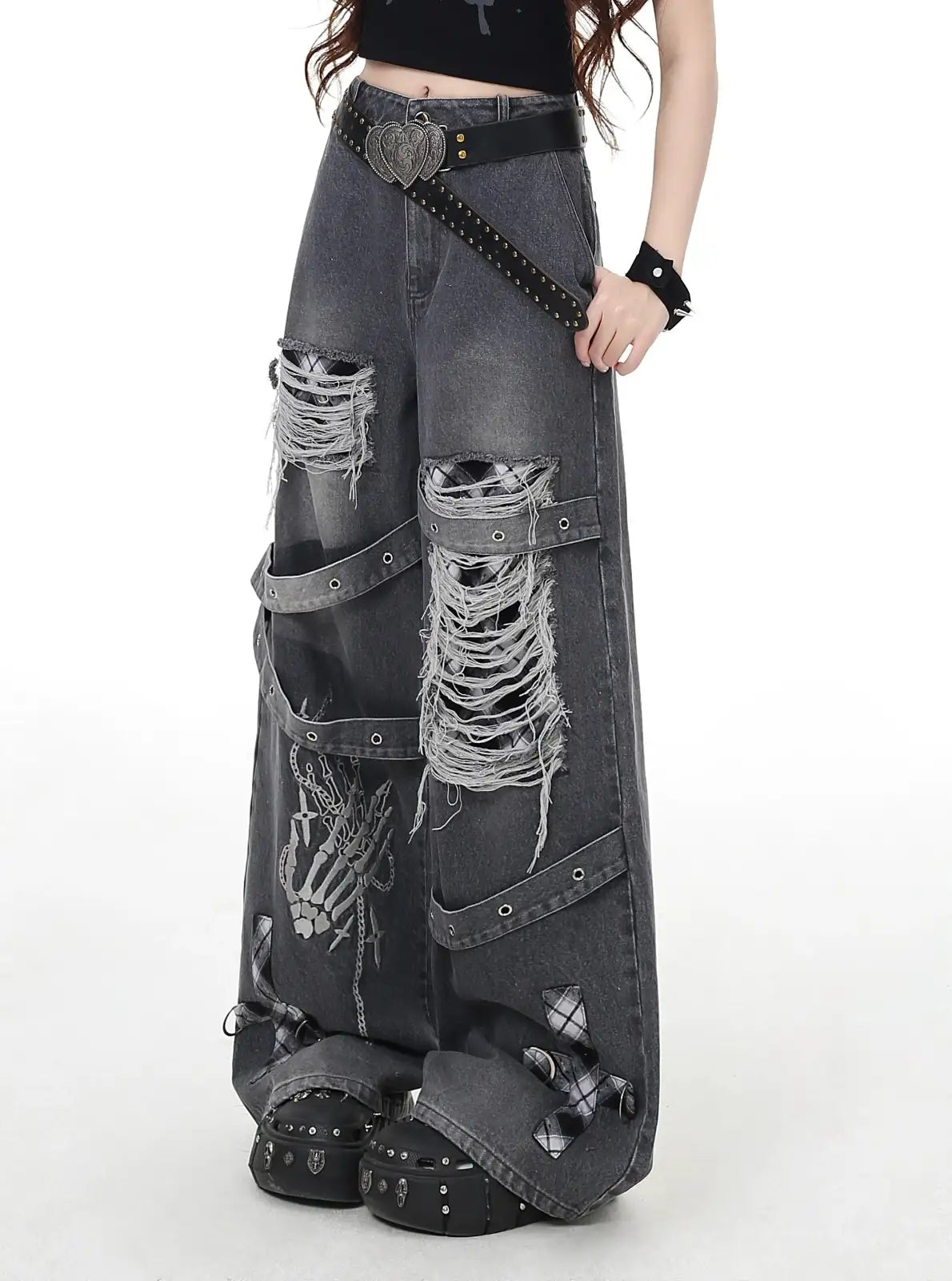 Alternative grunge goth denim pants in gray with edgy rebellious style