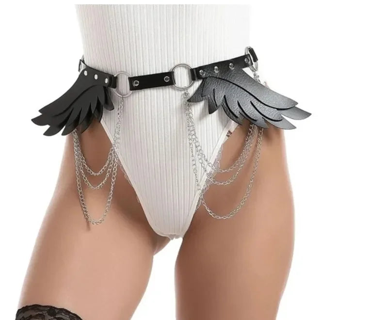 black Angel Wings Chain Belt with leather and multi-layer chains, adjustable waist wrap for edgy and bold fashion looks