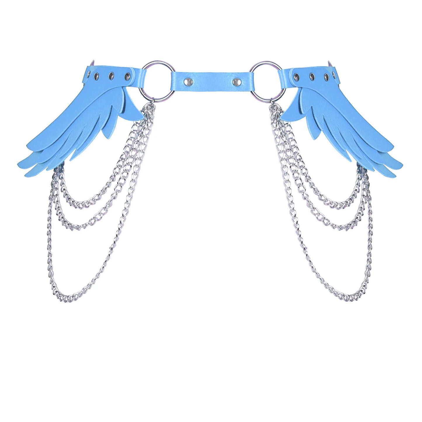 blue Angel Wings Chain Belt with leather wings and layered chains, perfect for edgy, playful, or cosplay outfits