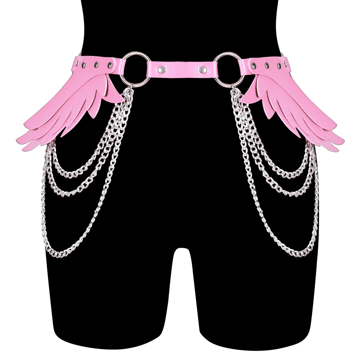 front view of Angel Wings Chain Belt with leather and multi-layer chains, adjustable waist wrap for edgy fashion looks