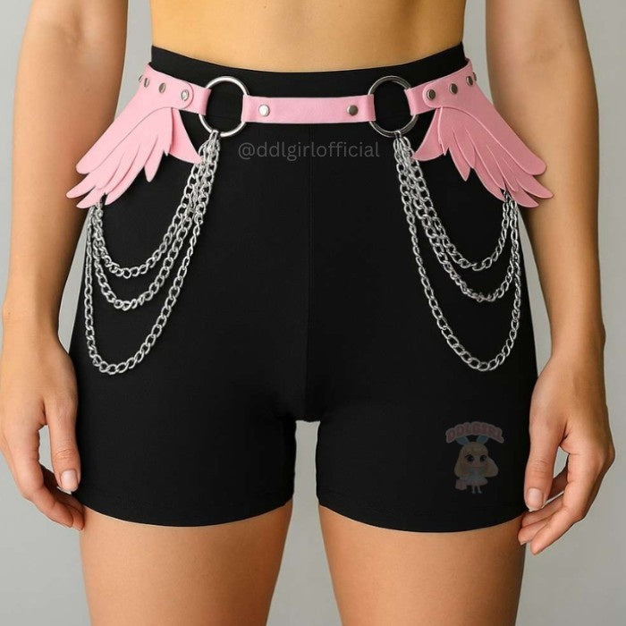 pink Angel Wings Chain Belt with leather wings and layered chains, perfect for cutecore and playful fantasy outfits