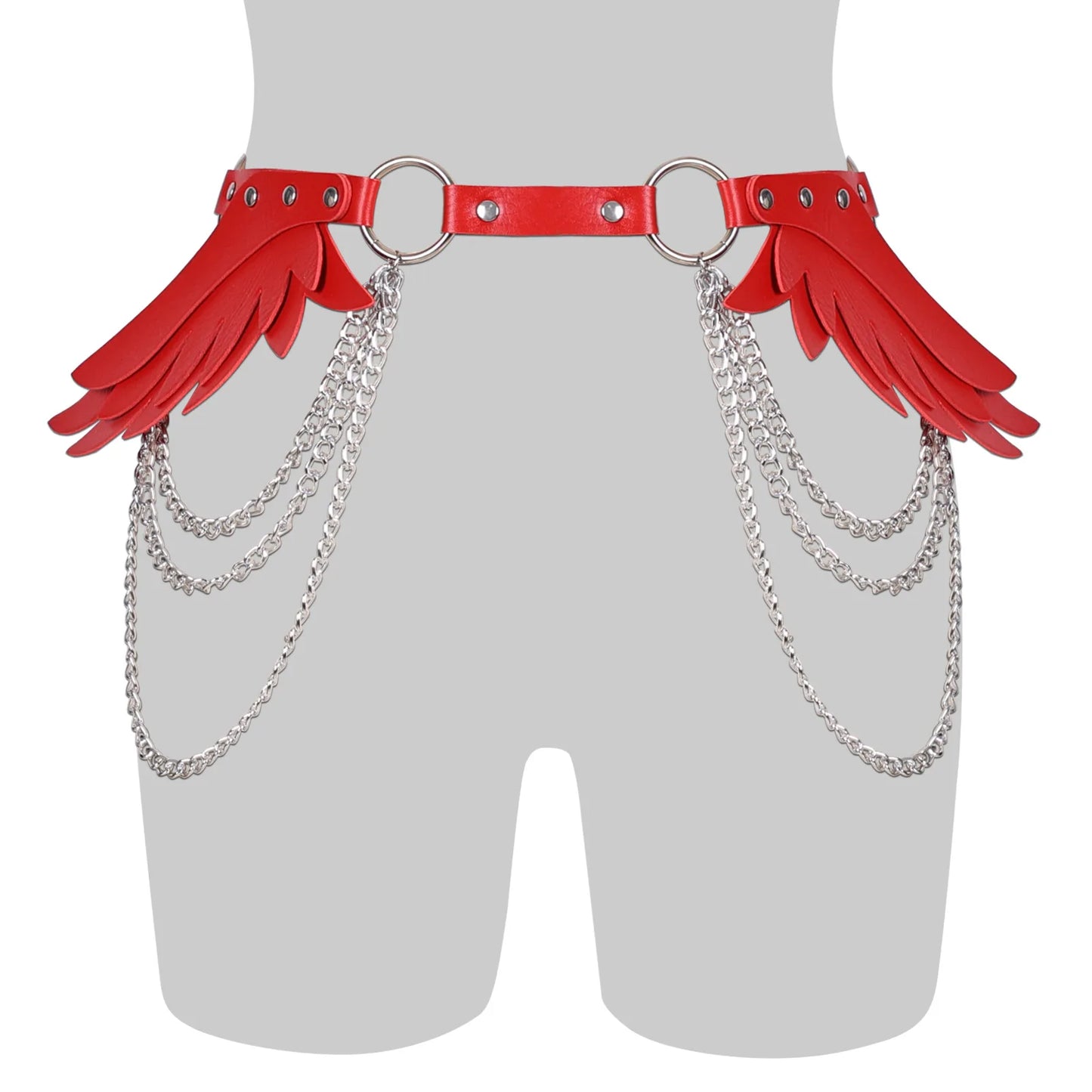 red Angel Wings Chain Belt with leather and layered chains, adjustable waist wrap for sexy and daring fashion looks