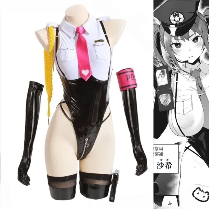 Anime cosplay ddlg police uniform with cropped top, bodysuit, and full hot pursuit accessory set