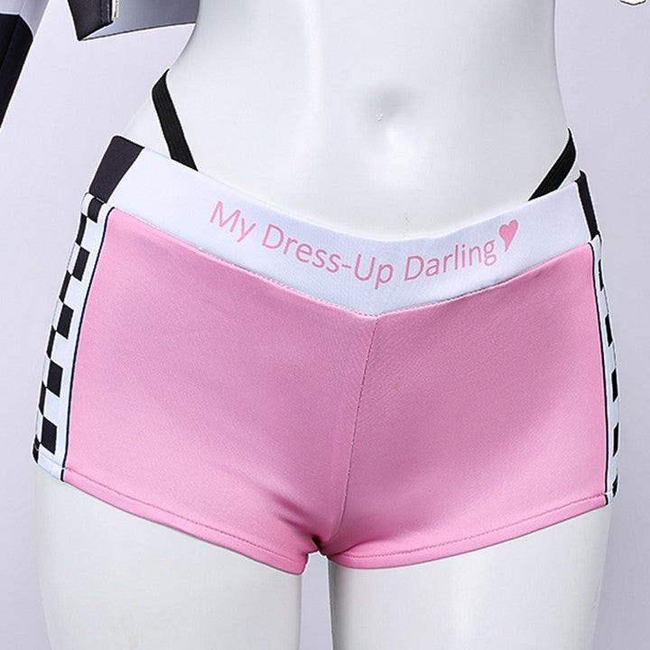 Sexy anime racer cosplay outfit with color-block jacket and cheeky shorts
