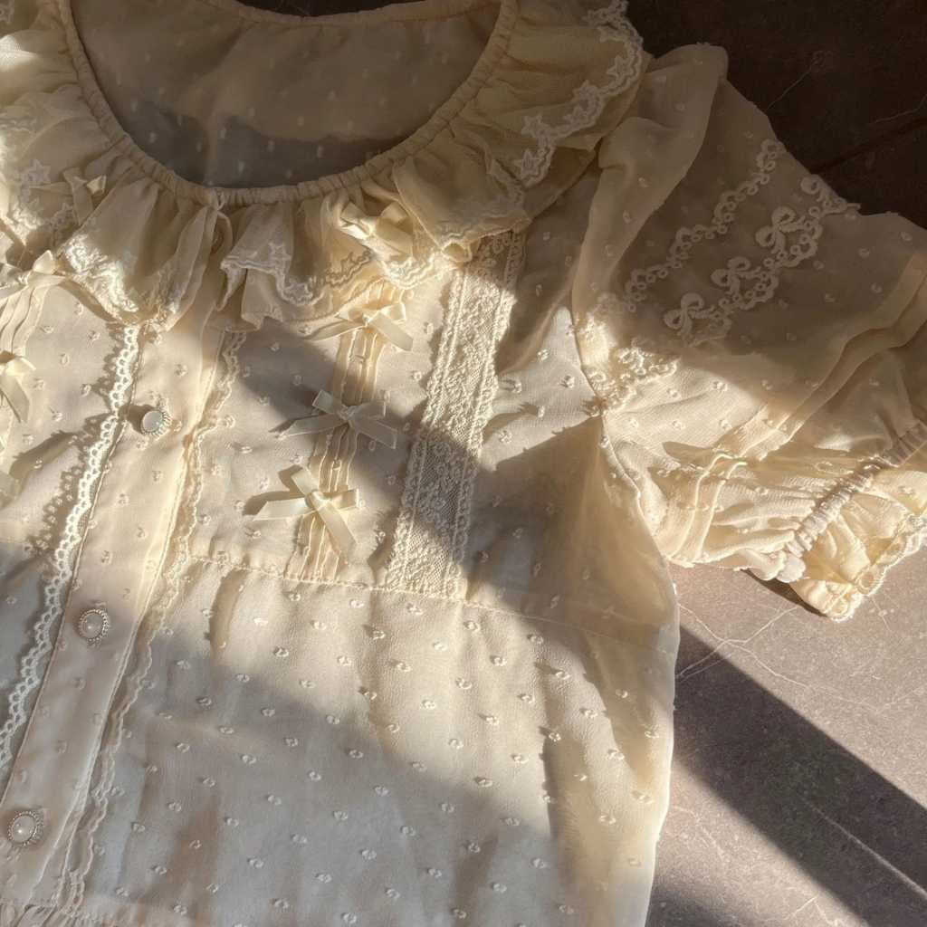Apricot ruffled fairy top in soft girl lolita style, ideal for whimsical layering