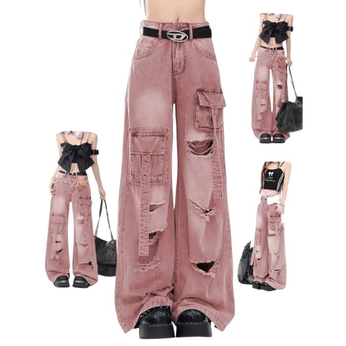 Ash Rose one-off Y2K denim jeans styled with raw pocket cuts, dollcore meets soft baddie fashion