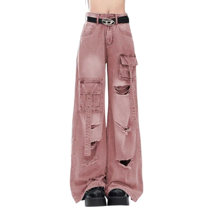 Ash Rose One-Off Y2K Denim jeans in soft pink with ripped pocket details, alt fashion style for softcore, DDLG, and ABDL baddies.