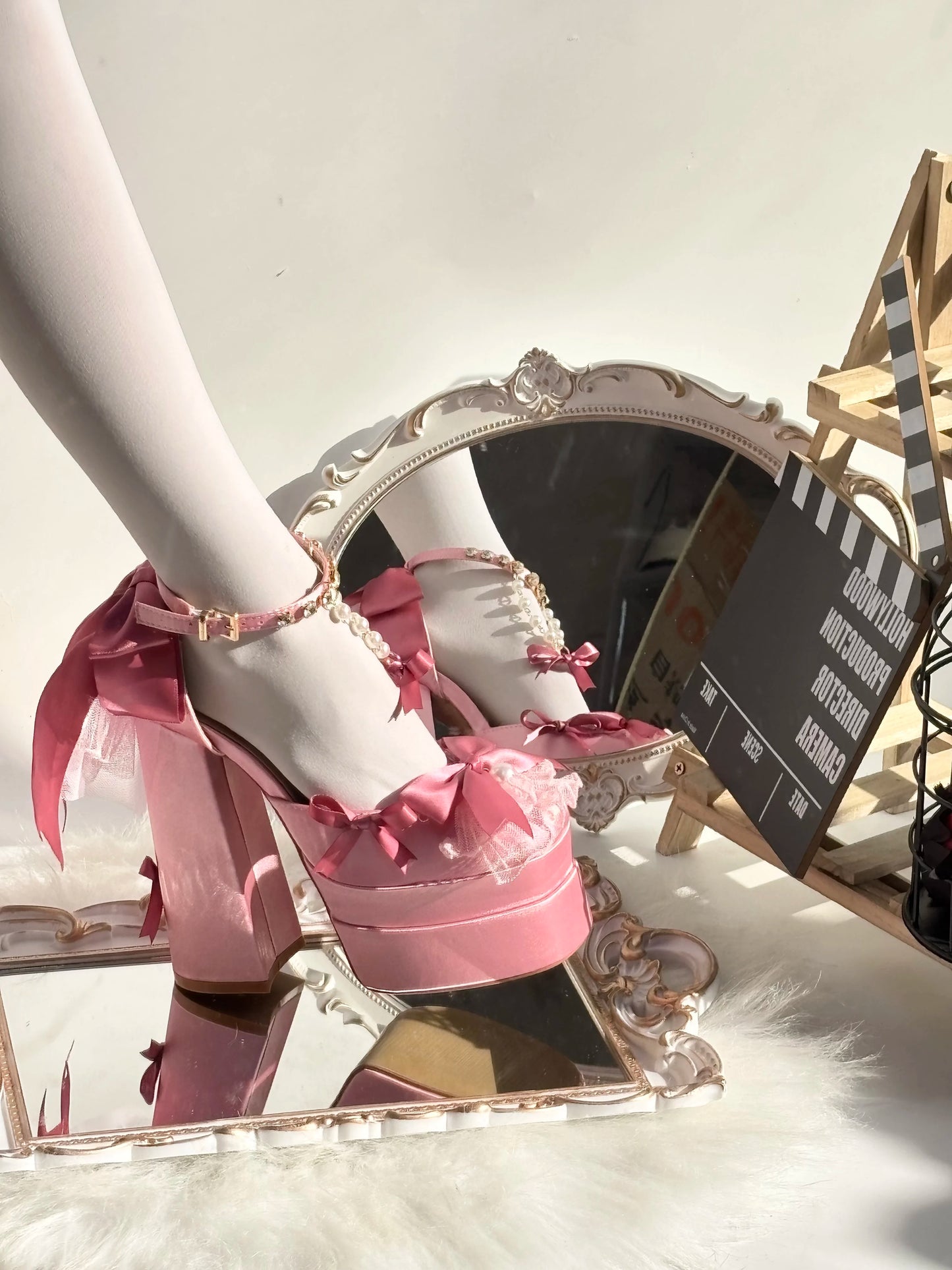 Cute babycore Lolita Bombshell Pink Heels with delicate tutu and pastel color palette
