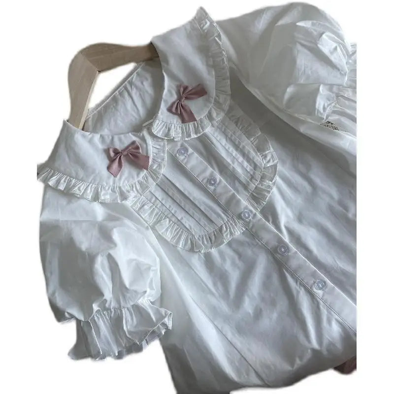 Babygirl aesthetic pastel lolita top with ruffle trim and elegant bubble sleeves