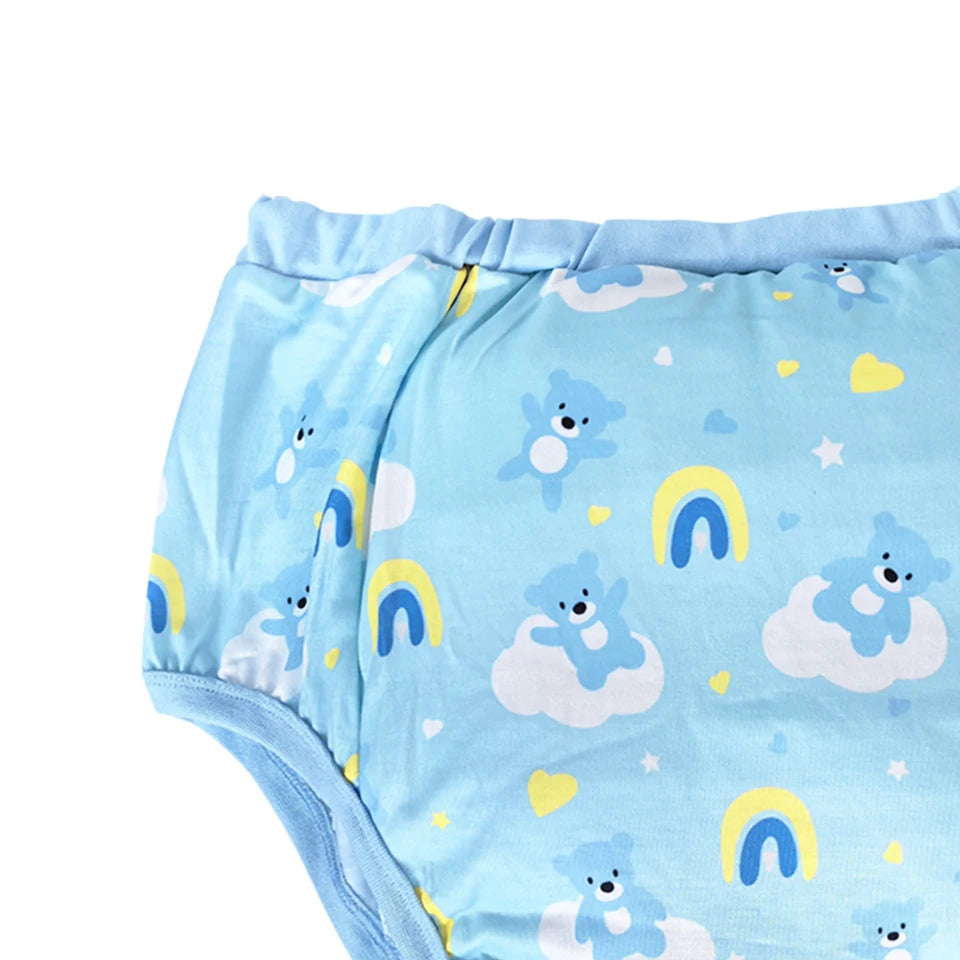 Back view of Up in the Clouds Bear Diaper featuring pastel sky print and cozy comfortable fit