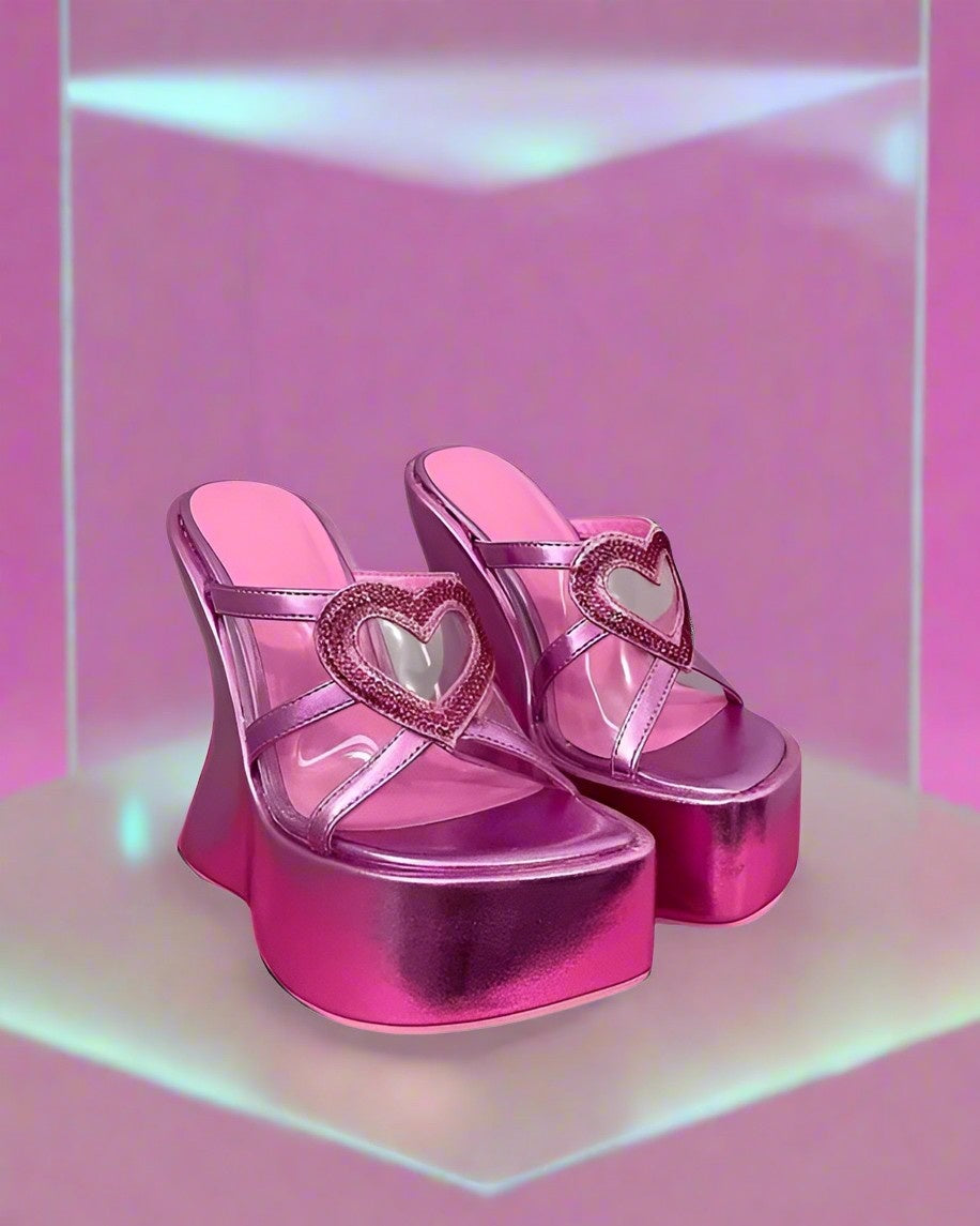 Bad Gal Diva Wedge Heels, Pink, front view, glittery chrome hearts, transparent panels, Y2K glam and boss babe vibes