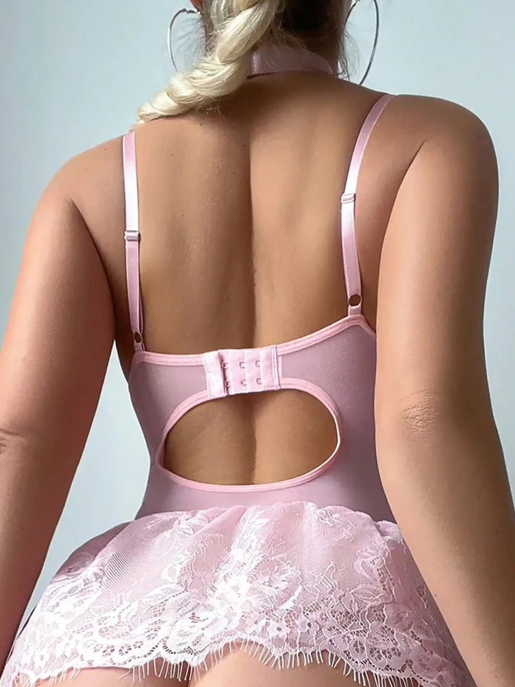 Ballerina corset dress set with sheer stockings, girly ribbons, and delicate frills