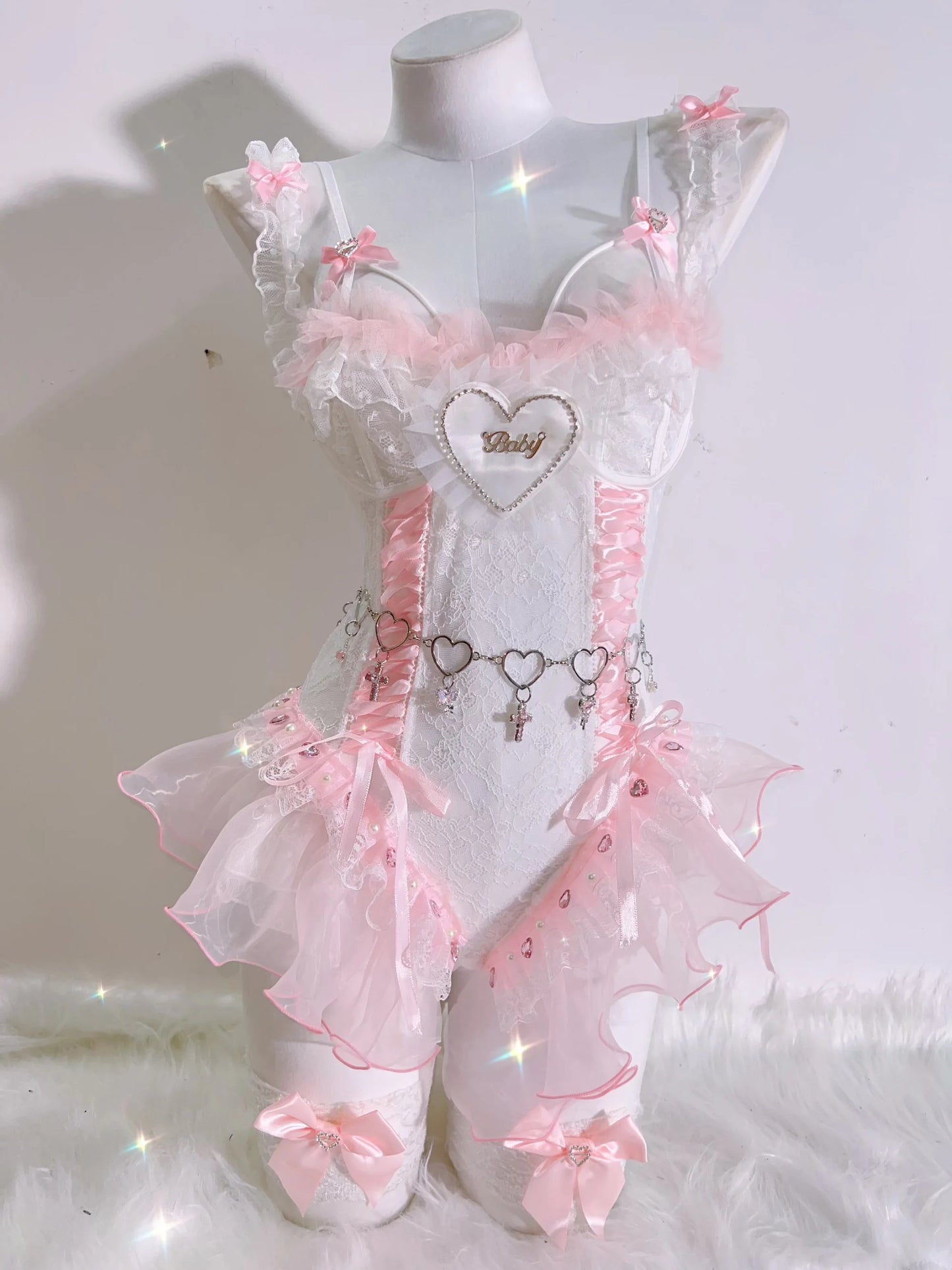 Ballerina corset set in pink with heart details and soft glam satin fabric, perfect for babygirl DDLG and ABDL style