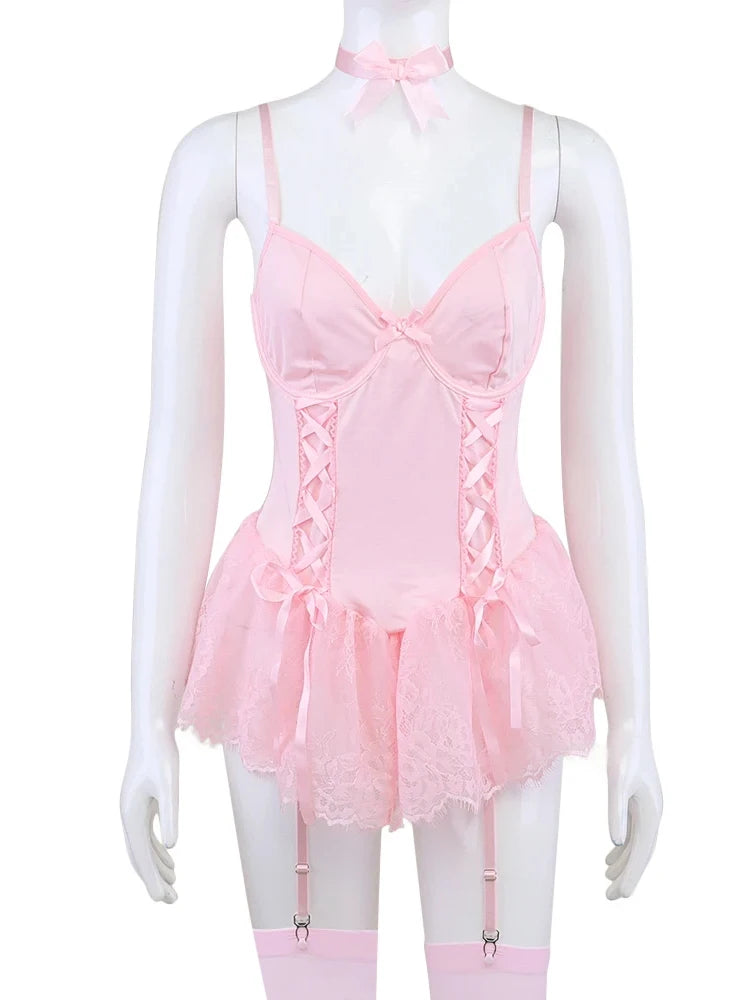 Ballerina princess dress set with frilly lace, ribbons, and soft feminine charm