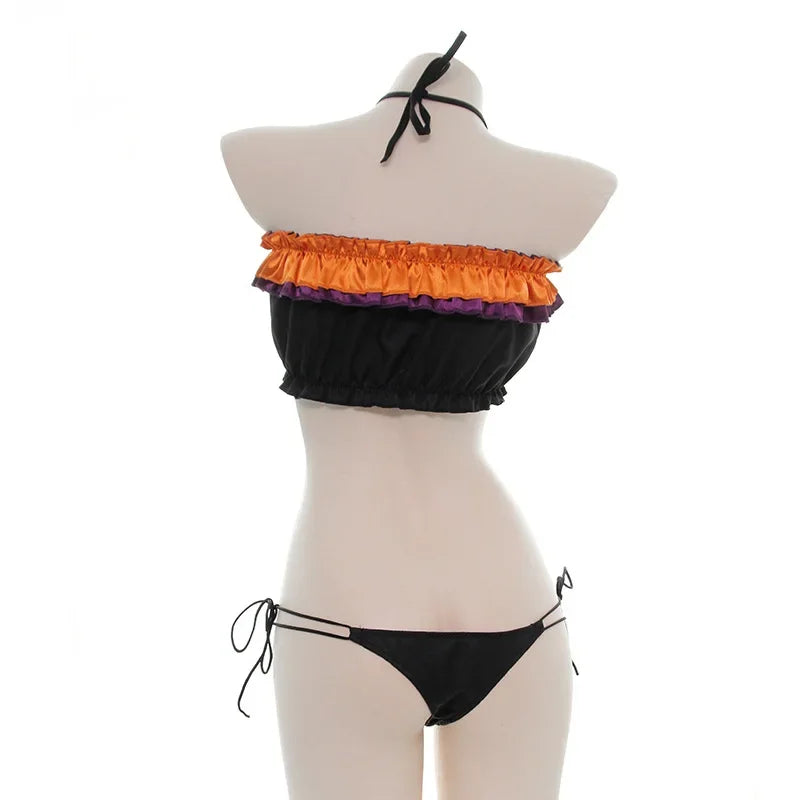 Back view Bat Cutout Ruffle Lingerie Set, black ruffle bra with lace ribbon neck strap and matching gothic panties, kawaii cutecore lingerie π¦β¨