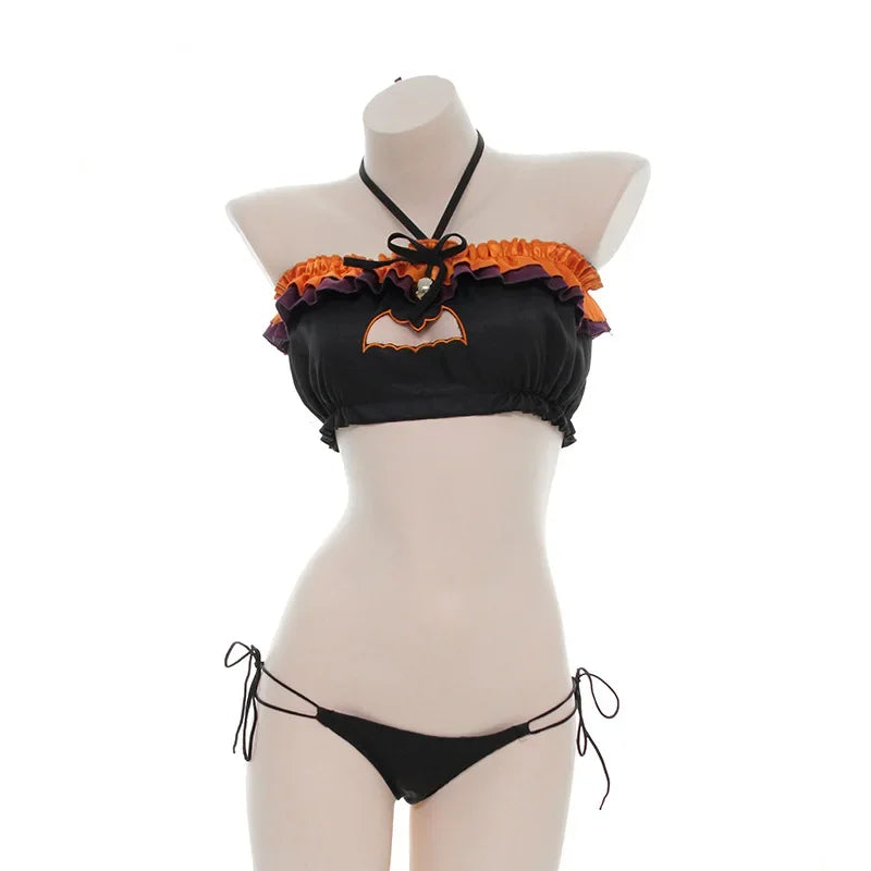 Close-up detail Bat Cutout Ruffle Lingerie Set, strappy bat cutout bra with lace ribbon and orange ruffle trim, sexy gothic kawaii lingerie ππ€