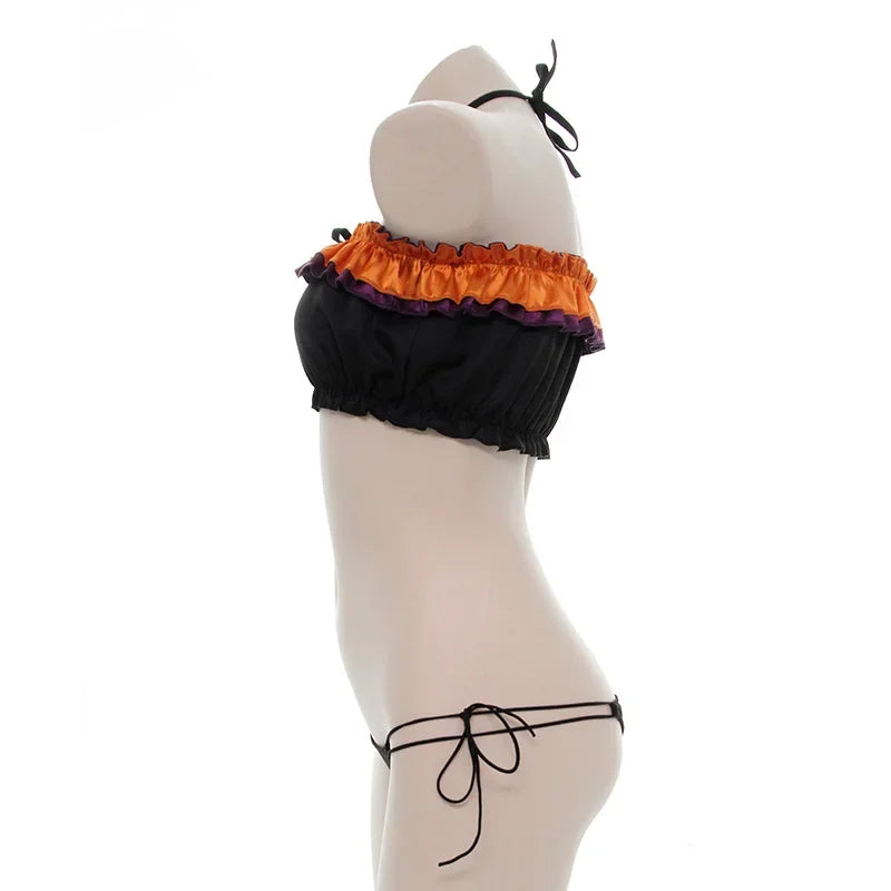 Flatlay Bat Cutout Ruffle Lingerie Set, black and orange ruffle bra with bat cutout and matching panties, spooky cute lingerie fashion πβ¨