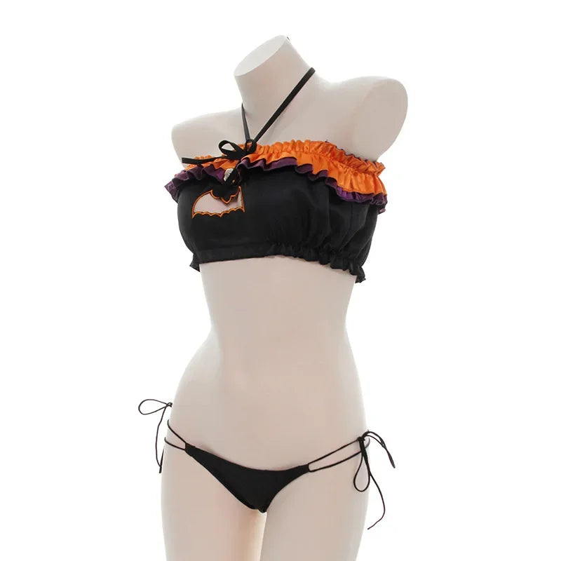 Side model view Bat Cutout Ruffle Lingerie Set, strappy crop bra with ruffles and matching panties, gothic kawaii lingerie π€π