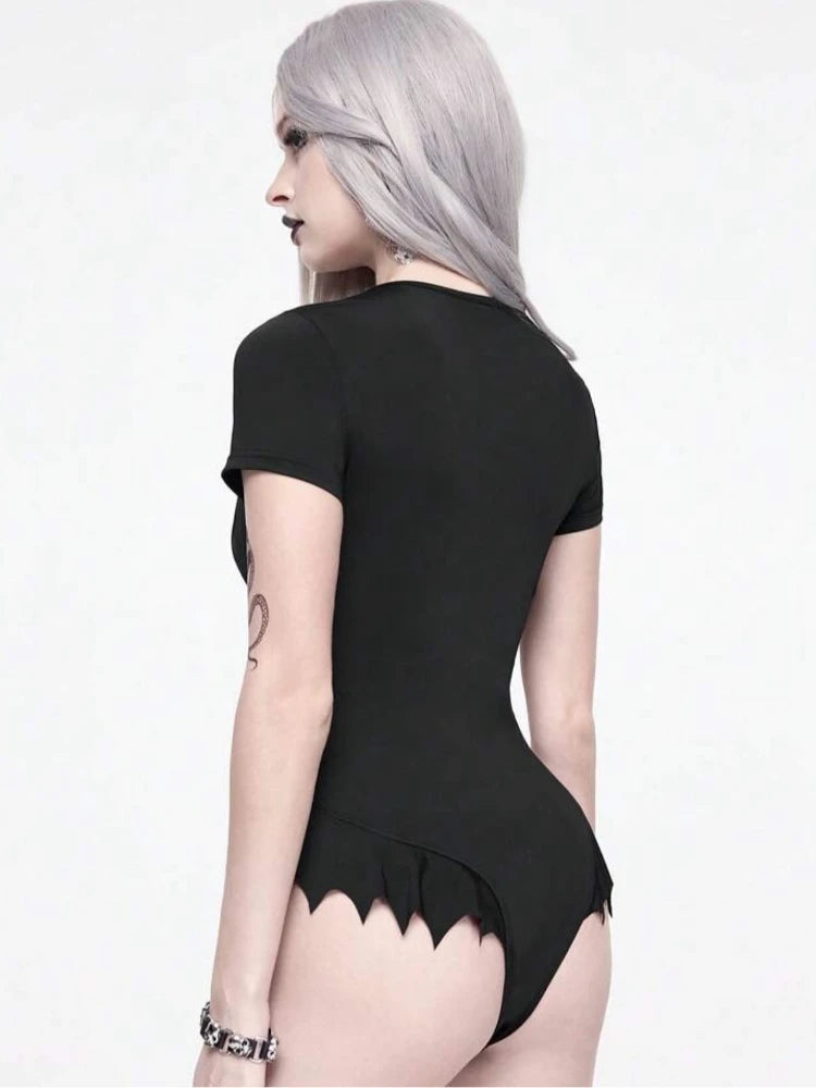 Batty Sweetheart Bodysuit featuring bat-wing inspired hollow cutouts, vertical lace, and gothic cutecore style ddlg dollcore vibe