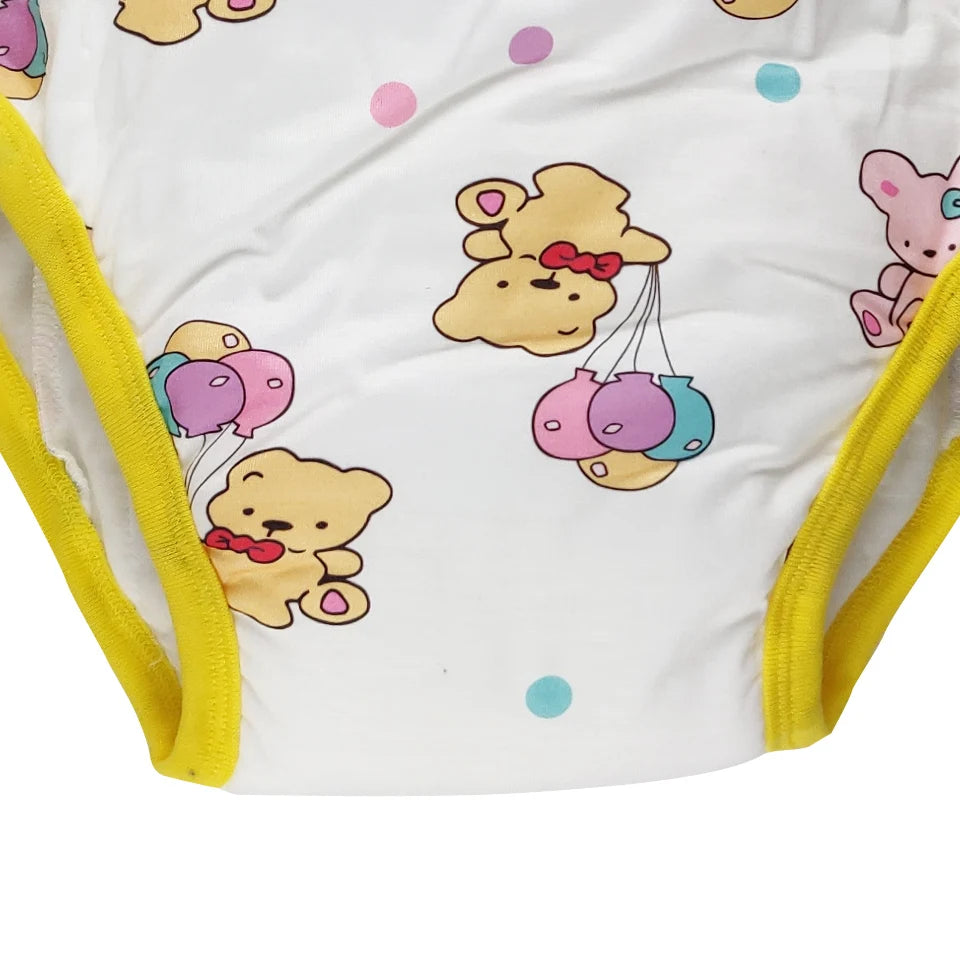 Snuggle Bear training pants with bear, bunny, and balloon prints, padded for extra coziness and comfort