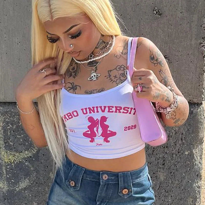 Casual Bimbo University crop top perfect for streetwear and main character energy outfits