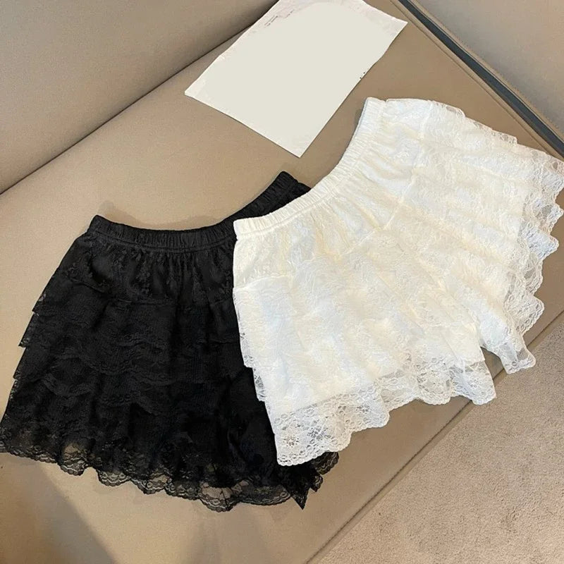 Lacy Dream Ruffle Shorts in both black and white lace colors, flirty and soft lingerie duo