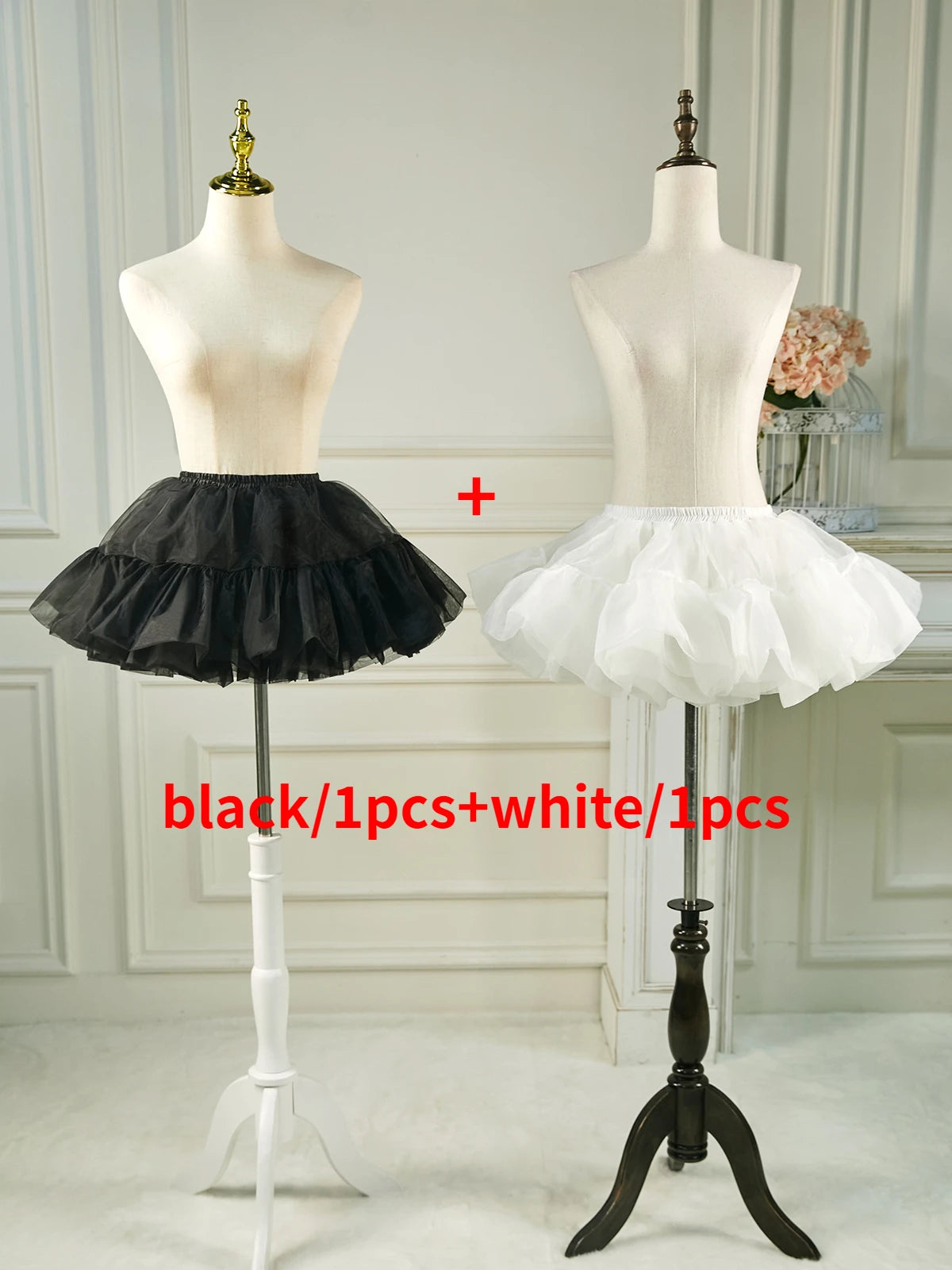 Set of black and white short puffy petticoat underskirts for cosplay and vintage styles