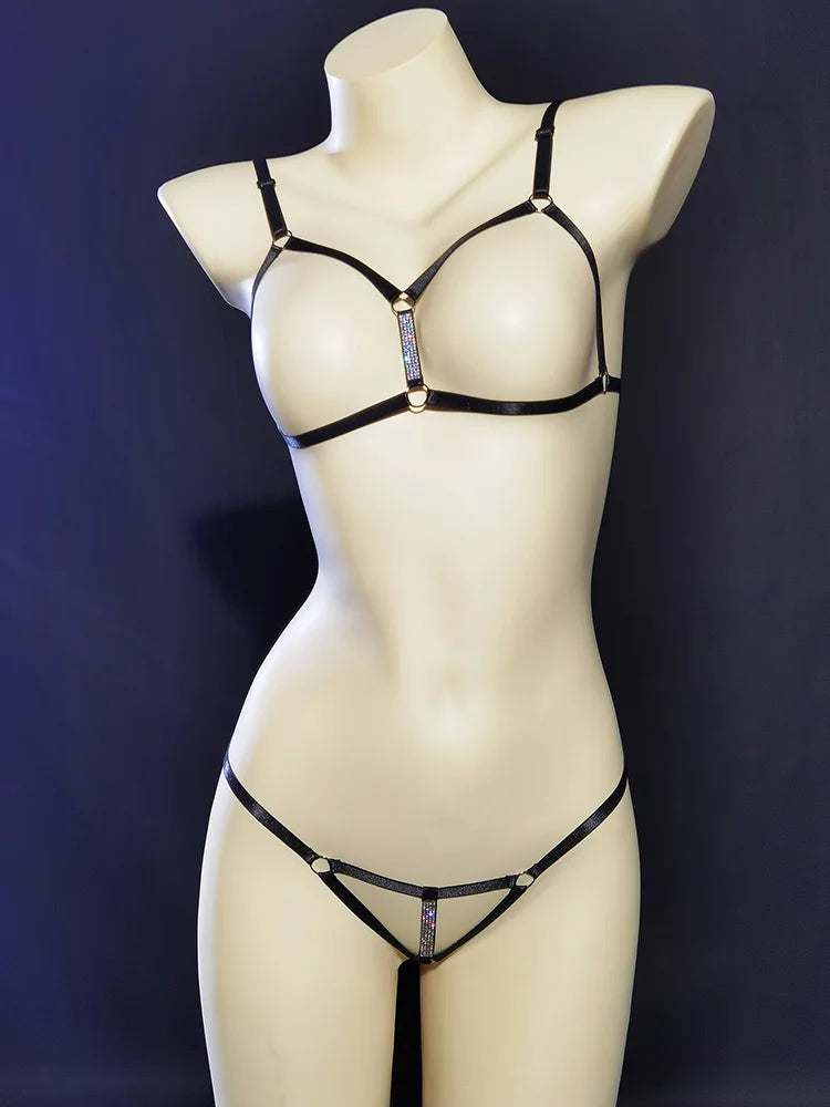 Black baddie DDLG strap harness set sexy thin top and thong bottom minimalistic luxe style
