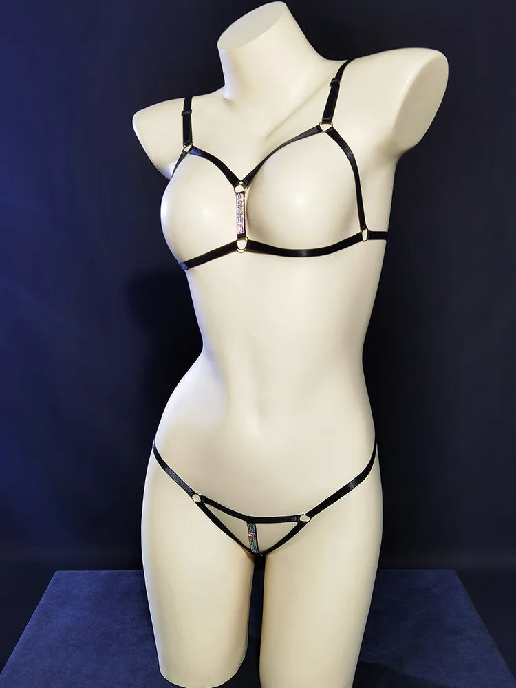 Black baddie DDLG sexy harness set rhinestone accents thin top and thong bottom