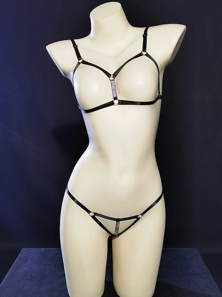 Black baddie DDLG shiny strap harness set sexy minimalistic luxe two-piece