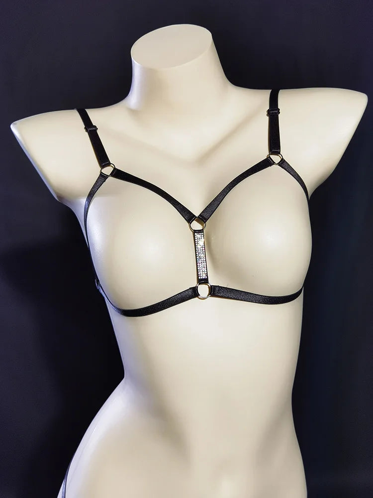 Black baddie DDLG harness two-piece sexy thin straps with rhinestones luxe minimalistic