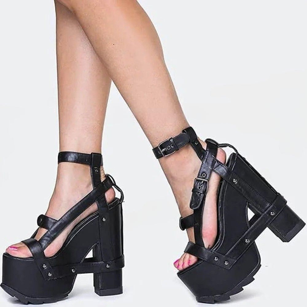 sleek black platform heels with straps and buckles for dark baddie ABDL and cutecore vibes