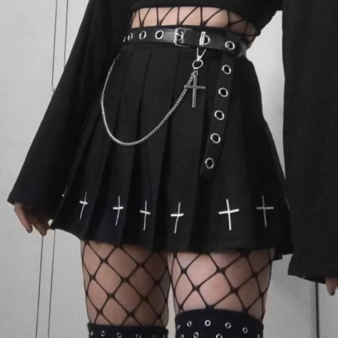 Black cross mini skirt with white embroidery, kawaii lolita-inspired DDLG ABDL cutecore streetwear.