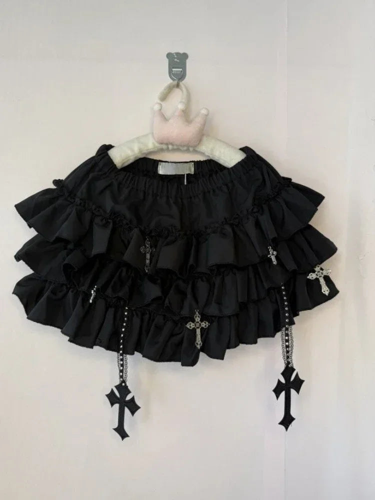 Black lolita skirt with 3D crosses and flowing frills for gothic, DDLG ABDL, and dark fantasy outfits