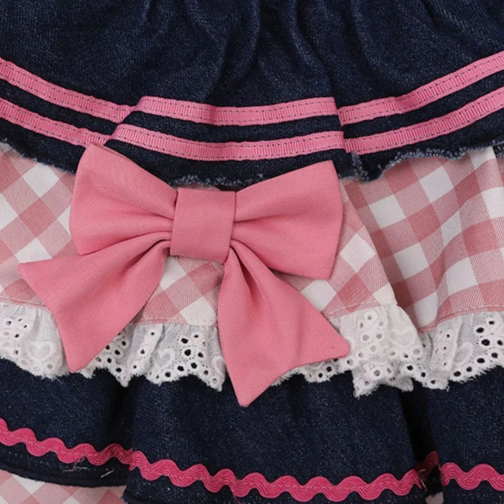 Black denim kawaii dollcore skirt with pleats, soft babygirl style for ddlg and abdl play.