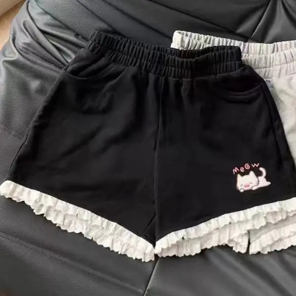 Cute black and gray lounge shorts with kitten embroidery and ruffles for DDLG ABDL soft girl fashion