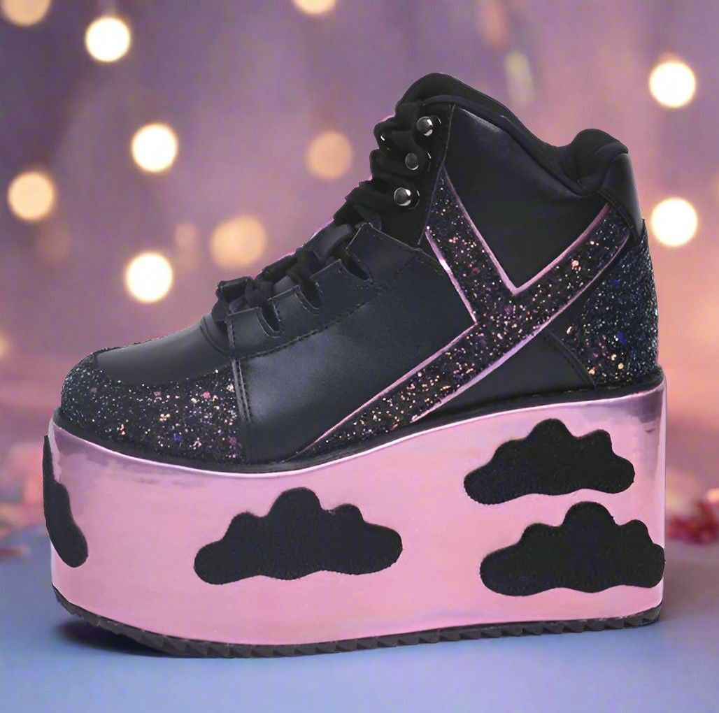 Black holographic glitter DDLG little platforms for kawaii cutecore, roleplay, and dreamy doll aesthetics